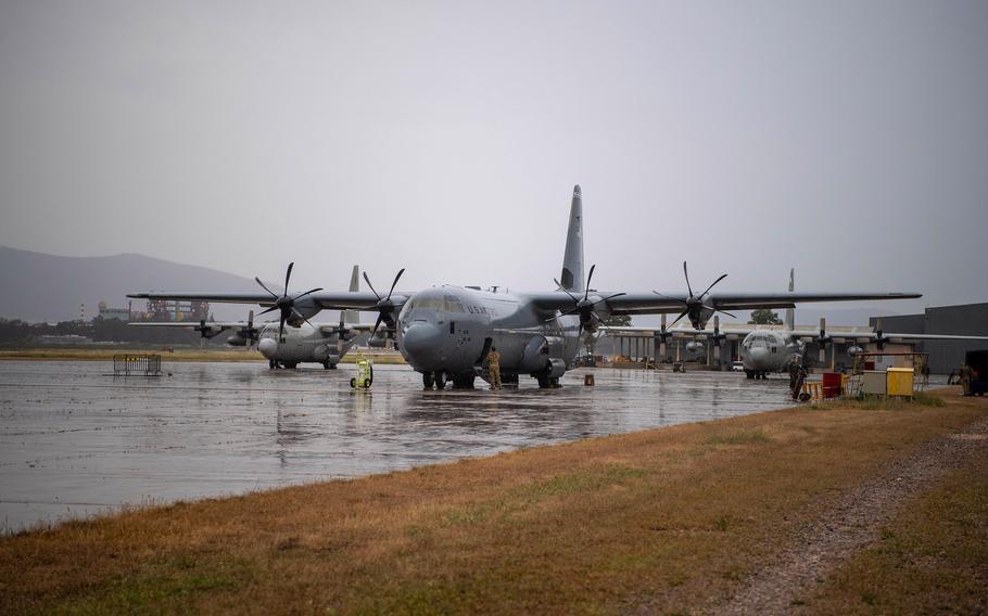 U.S. Air Force C-130J Super Hercules aircraft arrive at Elefsina Air Base, Greece, in May 2022. The Air Force is planning to position various aircraft at the base near Athens, Greek media reported this week. 
