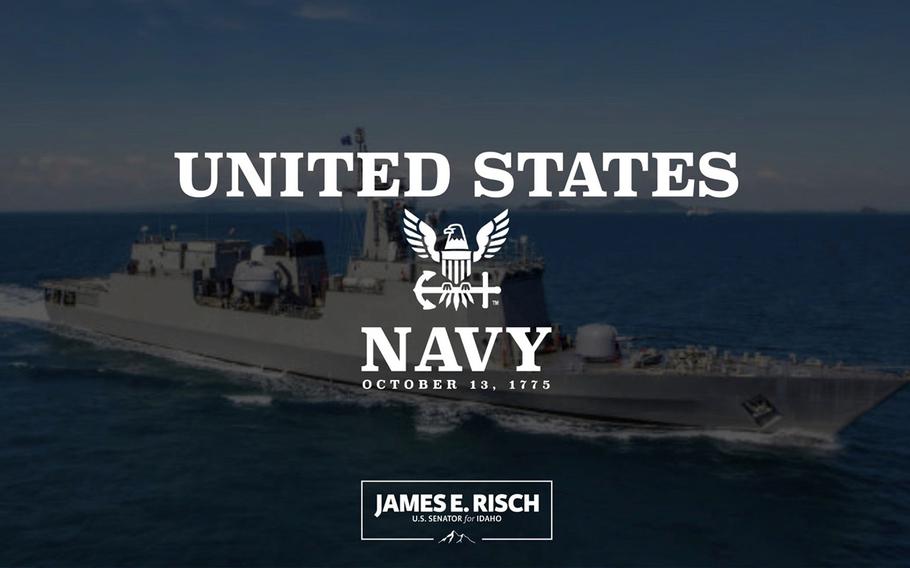 This screenshot of an Idaho U.S. senator’s now-deleted Twitter birthday greeting to the U.S. Navy on Wednesday, Oct. 13, 2021, features a photo of a Chinese-made warship. 