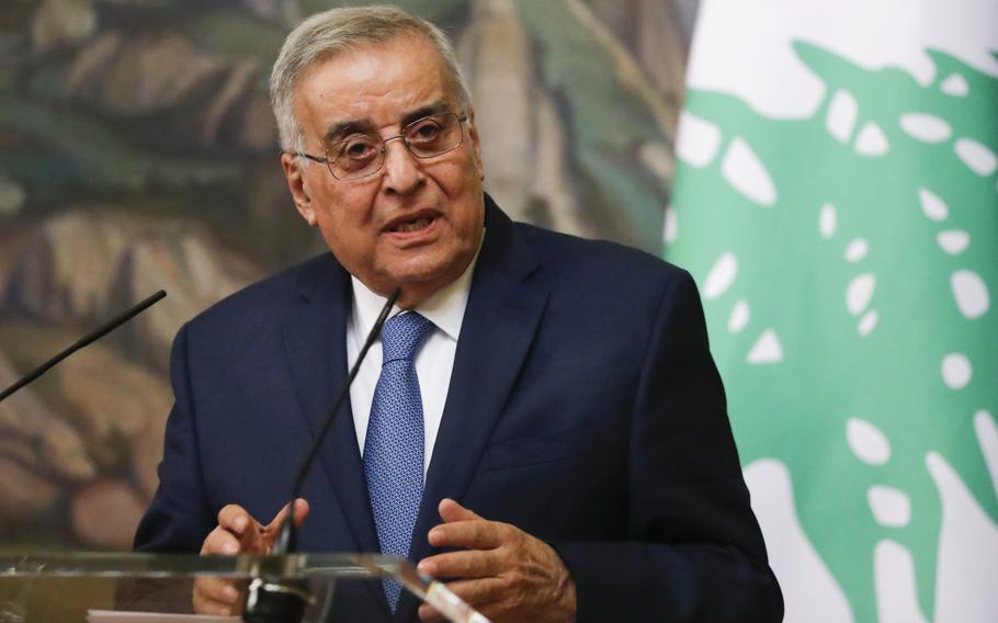 Lebanese Foreign Minister Abdallah Bou Habib holds a joint news conference with his Russian counterpart Sergey Lavrov in Moscow, Russia, Monday, Nov. 22, 2021.