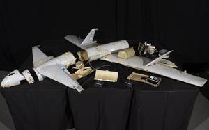 Components from an Iranian drone on display at Joint Base Anacostia-Bolling in Washington in 2018. Companies and seven people based in Iran, China, Russia and Turkey were added to a U.S. blacklist this week over accusations that they aided in the development of Tehrans aerial drone program. 
