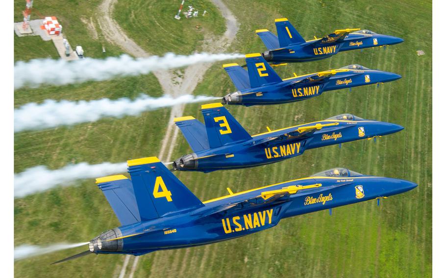 The Navy’s Blue Angels, shown here on May 21, 2022, at the Dover Air Show in Delaware, are scheduled to perform during Naval Academy Commissioning Week festivities.
