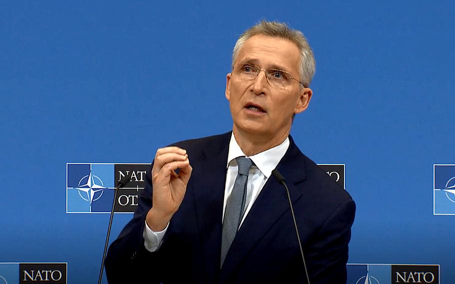NATO Secretary-General Jens Stoltenberg answers a question from a reporter at the organization’s headquarters in Brussels, Feb. 15, 2022, a day before U.S. Defense Secretary Lloyd Austin and other allied defense ministers are to meet there to discuss Russia’s military buildup around Ukraine.