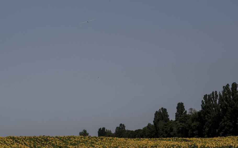 A Punisher strike drone in the air on a test flight. 