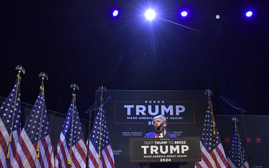 Former President Donald Trump speaks at a campaign event Monday, March 13, 2023, in Davenport, Iowa.