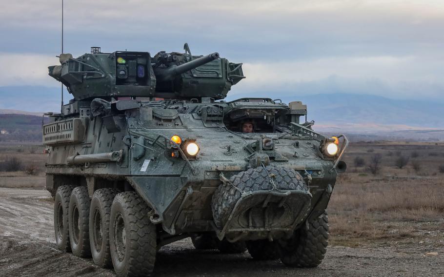 A 2nd Cavalry Regiment Stryker maneuvers in Krivolak Training Area, North Macedonia, Dec. 7, 2023. The Army's efforts to accelerate an upgrade of the Stryker ended up delaying the final rollout of the new model by at least a year, according to Government Accountability Office findings.