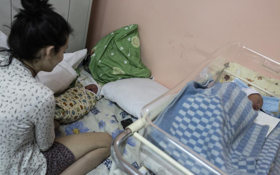 Sasha with her newborn twins in an underground maternity shelter at the Kyiv Maternity Hospital No. 5 on March 3. 