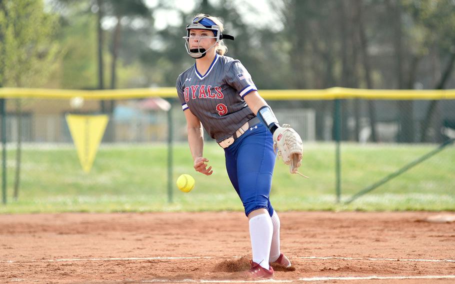 Ramstein senior Madison Mihalic pitches during the first game of an April 13, 2024, doubleheader against Lakenheath on Ramstein Air Base, Germany.