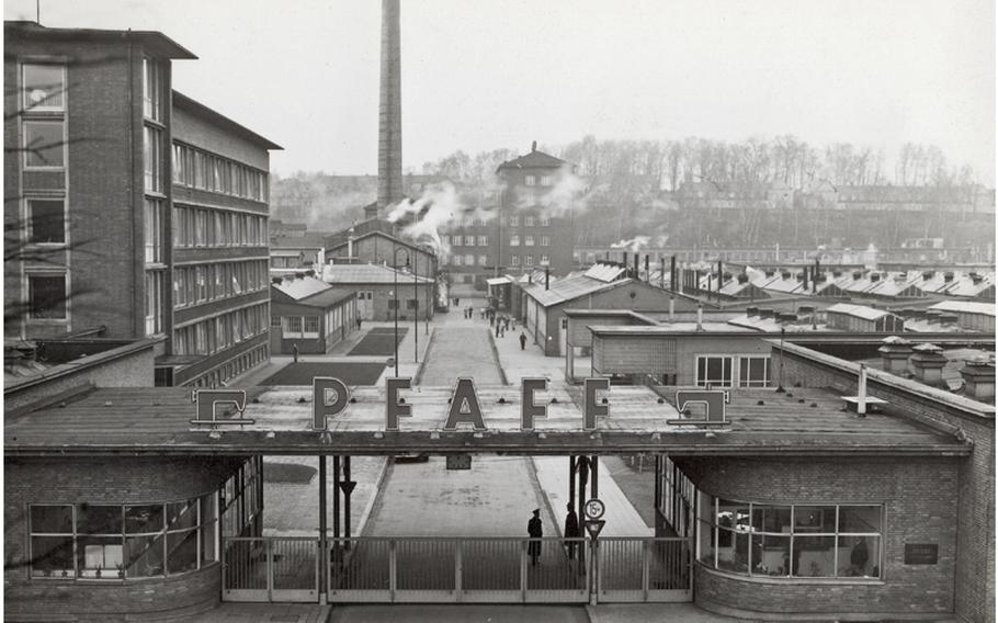 The Pfaff sewing machine factory grounds in Kaiserslautern, Germany, as seen from the front gate in 1969. The factory declared bankruptcy in 2008 and its grounds are under development.
