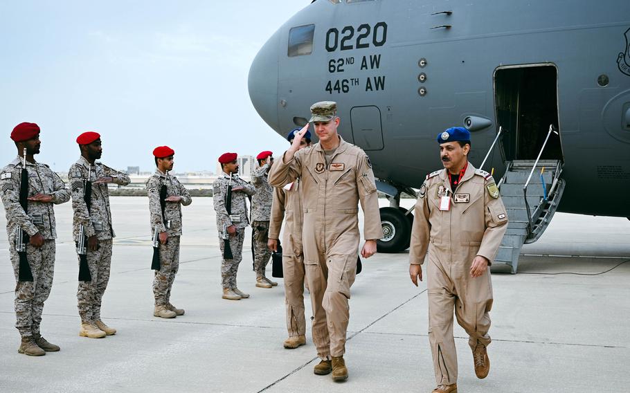Air Force Lt. Gen. Alexus Grynkewich, commander of U.S. Air Forces Central, is greeted by Saudi air force Maj. Gen. Eid bin Barak Al-Otaibi at King Abdulaziz Air Base in Saudi Arabia on Feb. 4, 2023. Russian fighter jets and surveillance drones have been regularly flying above U.S. positions in Syria, Grynkewich has said. 