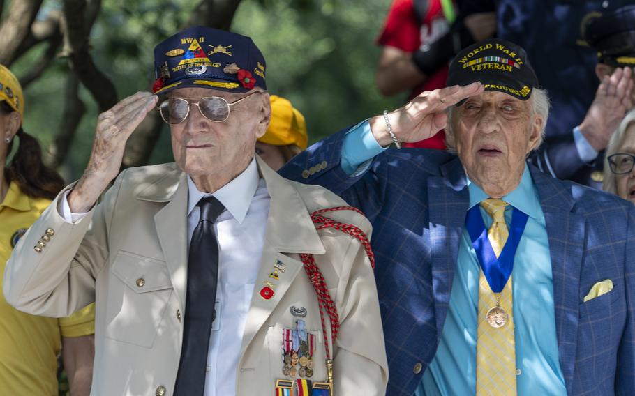 Two elderly veterans salute.