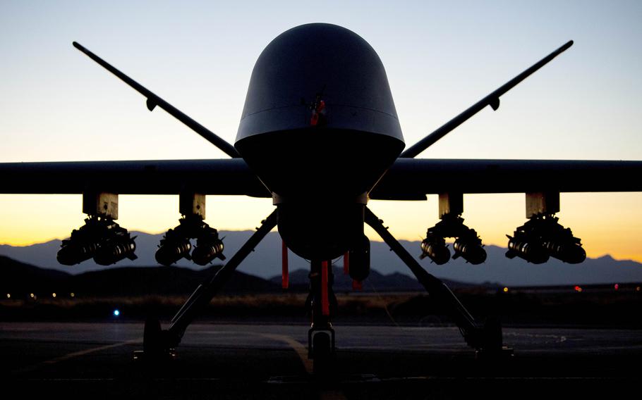 An MQ-9 Reaper armed with eight AGM-114 Hellfire missiles sits on the flight line before a test flight at Creech Air Force Base, Nev., in 2020. Al-Qaida leader Ayman al-Zawahri was killed by a drone firing a Hellfire missile in Kabul, Afghanistan, on July 30, 2022, U.S. officials said.