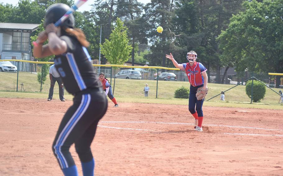 Aviano pitcher Alivia Adams tosses a pitch toward Hohenfels' Chloe Detar on the opening day of the DODEA-Europe Division II/III softball championships at Ramstein Air Base, Germany.