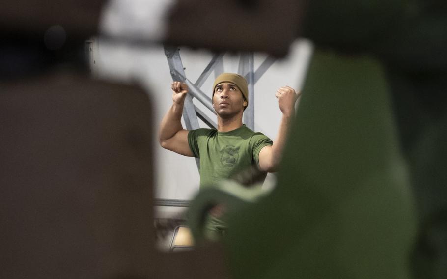 Lance Cpl. Adrian Bates, a motor transport operator with Combat Logistics Detachment, 3rd Battalion, 6th Marine Regiment, works at Setermoen Military Camp, Norway, on Saturday, March 19, 2022, ahead of an upcoming training exercise. 