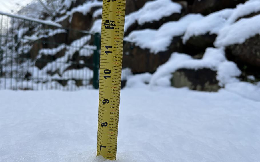 About 6.5 inches of snow is seen in Kaiserslautern on April 9,2022, after a snowstorm.