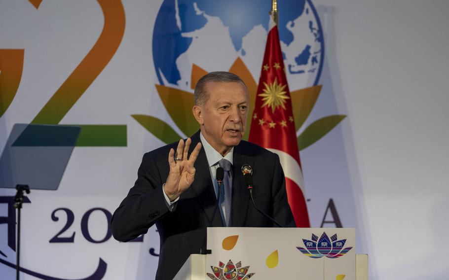 Turkey President Recep Tayyip Erdogan gestures as he speaks during a press conference at the end of the G20 Summit, in New Delhi, India, Sunday, Sept.10, 2023. 