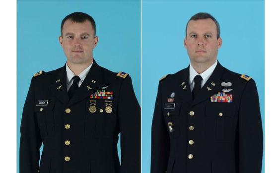 Chief Warrant Officer 4 Bryan Andrew Zemek, 36, left, and Chief Warrant Officer 4 Derek Joshua Abbott, 42, were killed Friday when their AH-64 Apache helicopter crashed during a routine training flight.