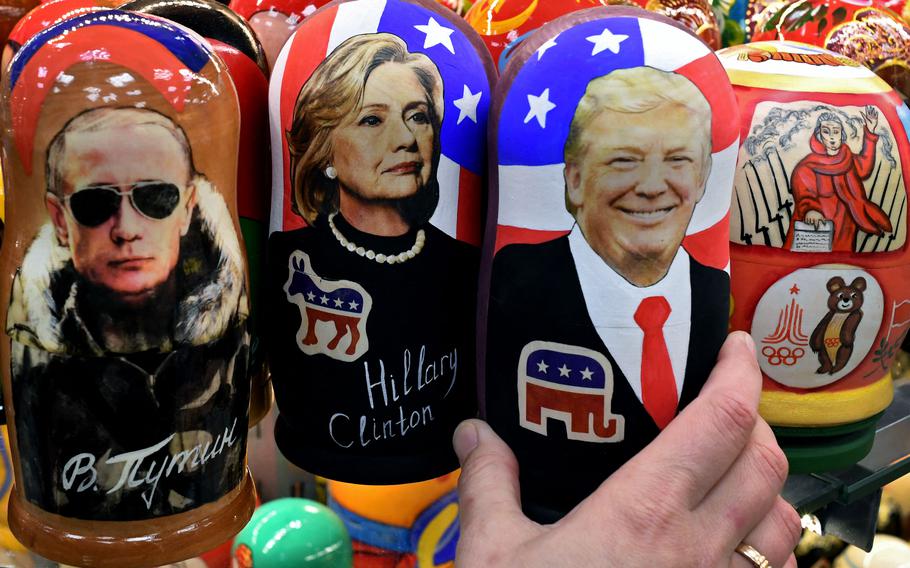 Traditional Russian wooden nesting dolls, Matryoshka dolls, depicting Russia’s President Vladimir Putin, Democratic presidential nominee Hillary Clinton and Republican presidential nominee Donald Trump at a gift shop in central Moscow on Nov. 8, 2016. 