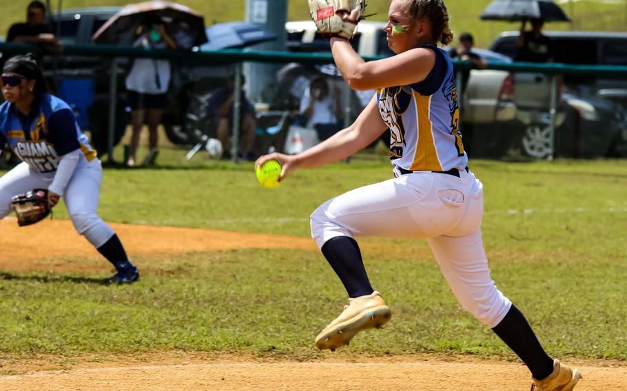 Brinn Hardt, a senior right--hander shown in the 2023 Guam island softball final, has traded in Guam High togs for a George Washington uniform.