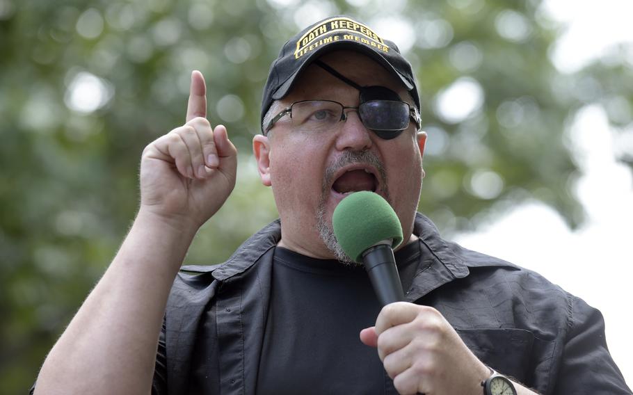 Stewart Rhodes, founder of the Oath Keepers, speaks during a rally outside the White House in Washington on June 25, 2017. Rhodes has been arrested and charged with seditious conspiracy in the Jan. 6, 2021, attack on the U.S. Capitol. The Justice Department announced the charges against Rhodes on Thursday, Jan. 13, 2022.
