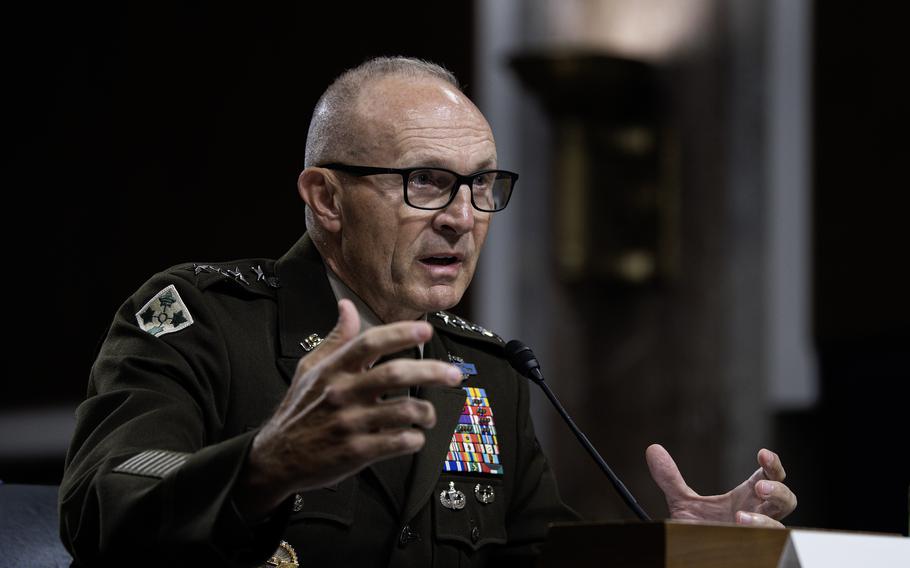 Army Gen. Randy George answers questions July 12, 2023, during a Senate Armed Services Committee hearing on Capitol Hill in Washington, D.C., to consider his nomination to be the next chief of staff of the Army.