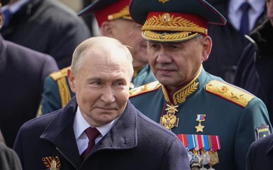 FILE -  Russian President Vladimir Putin, left, and Russian Defense Minister Sergei Shoigu leave Red Square after the Victory Day military parade in Moscow, Russia, Thursday, May 9, 2024, marking the 79th anniversary of the end of World War II. Russian President Vladimir Putin has proposed removing Defense Minister Sergei Shoigu from his post. Putin nominated First Deputy Prime Minister Andrey Belousov for the role. (AP Photo/Alexander Zemlianichenko, File)