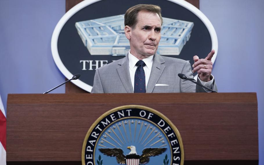 Pentagon spokesman John Kirby speaks during a news briefing at the Pentagon on Monday, Sept. 13, 2021.
