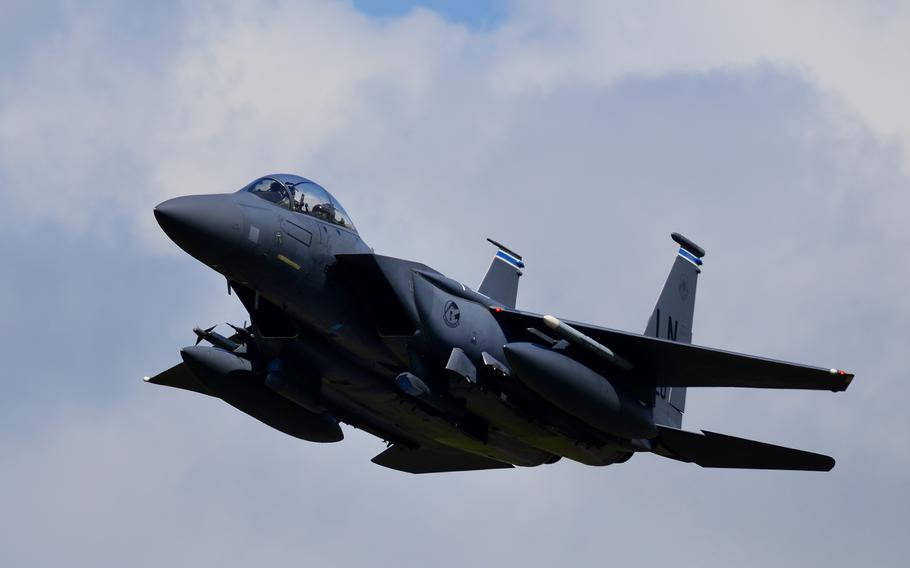 A U.S. Air Force F-15E Strike Eagle flies over Royal Air Force Lakenheath, England, May 10.