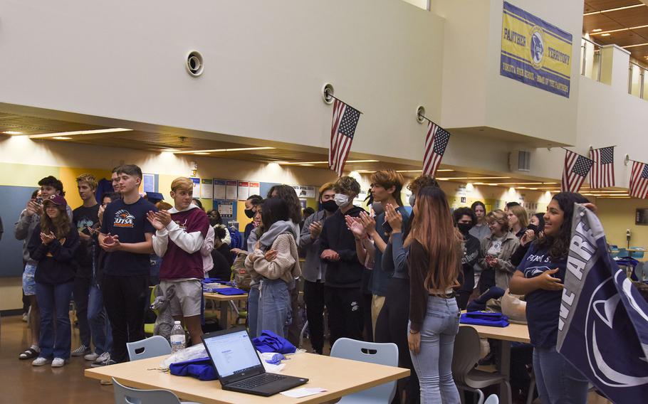 Seniors take part in a ceremony to announce their post-high school plans at Yokota Air Base, Japan, Friday, April 20, 2022.