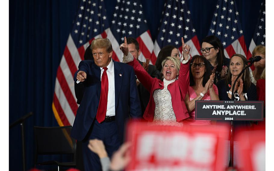 Donald Trump acknowledges the crowd after speaking at a campaign rally in Green Bay, Wis., on April 2, 2024.