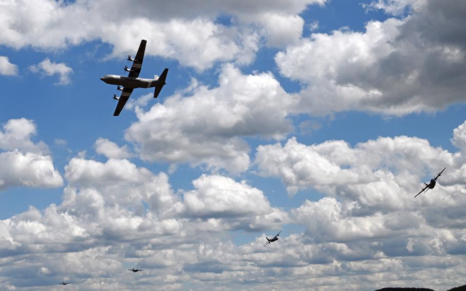 A formation of C-130J Super Hercules of the 37th Airlift Squadron fly over Ramstein Air Base, Germany, before landing at the base. The unit celebrated its 80th anniversary with a large formation mission and a parachute jump onto the base. Today’s squadron was founded as the 37th Transport Squadron in 1942 at Patterson Field, Ohio.