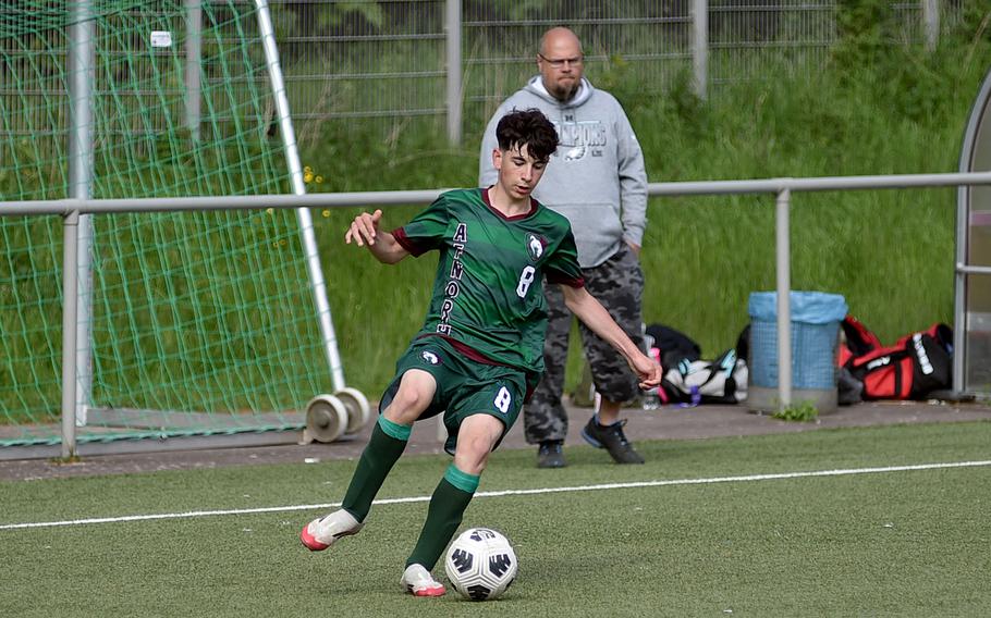 AFNORTH midfielder Andrea Ludovico dribbles the ball along the right wing against Hohenfels during the second day of pool-play action at the 2025 Division III DODEA European championships on May 20, 2025, at Rothenborn Stadion in Landstuhl, Germany.