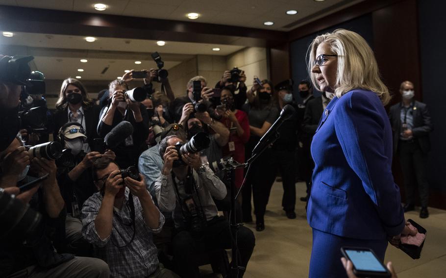 Rep. Liz Cheney, R-Wyo., speaks after being voted out of her position as chair of the House Republican Conference on May 12, 2021, in Washington, D.C. 