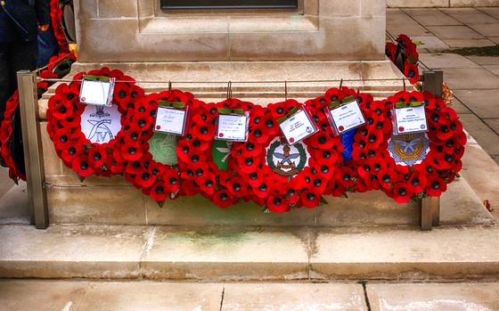 Poppy wreaths are laid on many memorials in Britain on Nov. 11 in honor of Armistice Day, also referred to as Remembrance Day.