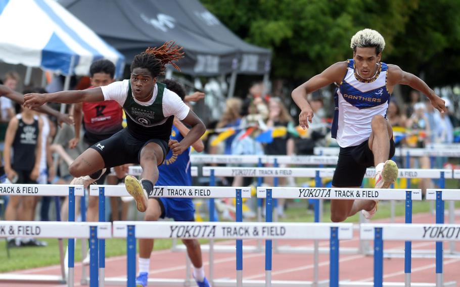 Kubasaki's Carlos Cadet and Guam High's Jayden Jackson took turns winning hurdles events, Jackson taking the 300 and Cadet, the Pacific record holder, the 110.