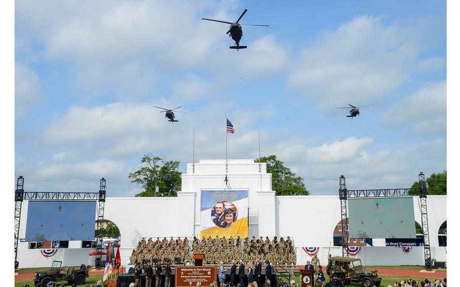 
UH-60 Black Hawk helicopters fly over Doughboy Stadium at Fort Moore, Ga., during a ceremony May 11, 2023, to mark the change in name of the former Fort Benning to Fort Moore.