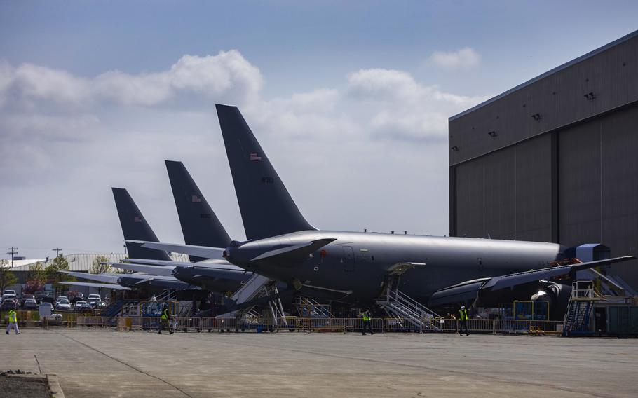 KC-46 air-to-air refueling tankers for the Air Force sit outside Boeing’s Everett Modification Center (EMC) at the south end of Paine Field, Friday, April 23, 2021. The EMC is where Boeing installs the refueling and other military systems on its 767 commercial airframe to complete the KC-46 tankers. 