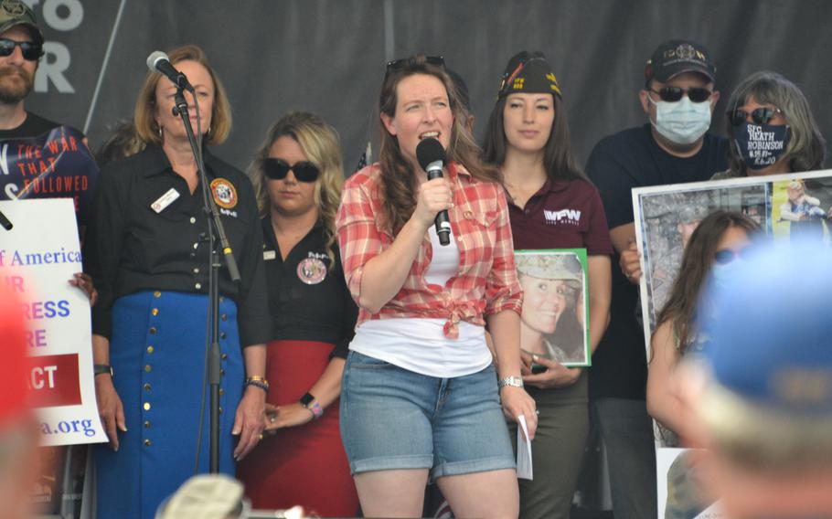 Marine Corps veteran Mindy Beyer spoke Saturday, May 28, 2022, at a rally in Washington, D.C., urging lawmakers to pass a bill, known as the PACT Act, that would expand eligibility for health care and benefits to all veterans exposed to burn pits and other toxins. Beyer talked about her friend, another Marine veteran Kate Hendricks Thomas, who was an outspoken advocate of the legislation and a public health official who died from toxic exposure.