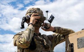 A U.S. soldier from the 10th Brigade Engineer Battalion pilots a first-person view drone July 23, 2025, during an exercise at Grafenwoehr Training Area in Germany.