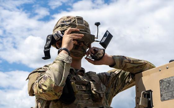 A U.S. soldier from the 10th Brigade Engineer Battalion pilots a first-person view drone July 23, 2025, during an exercise at Grafenwoehr Training Area in Germany.