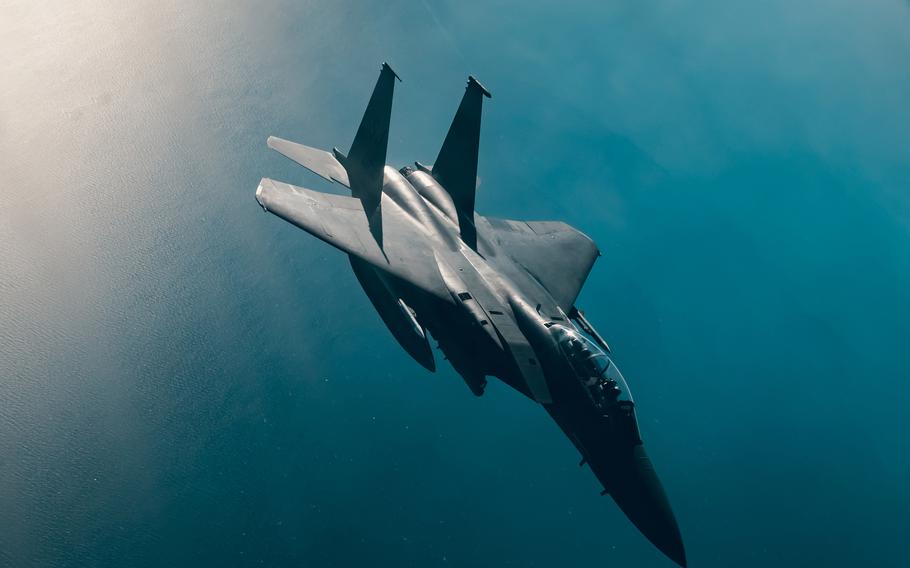 A U.S. Air Force F-15E Strike Eagle departs after receiving fuel from a U.S. Air Force KC-135 Stratotanker over an undisclosed location, Feb. 2, 2021. A Strike Eagle shot down a drone Aug. 21, 2021, in the air near a U.S. military outpost in eastern Syria’s Deir al-Zour province, military officials said.