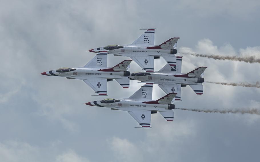 The U.S. Air Force Thunderbirds perform during The Great Texas Airshow, Saturday, April 6, 2024, at Joint Base San Antonio-Randolph, Texas.