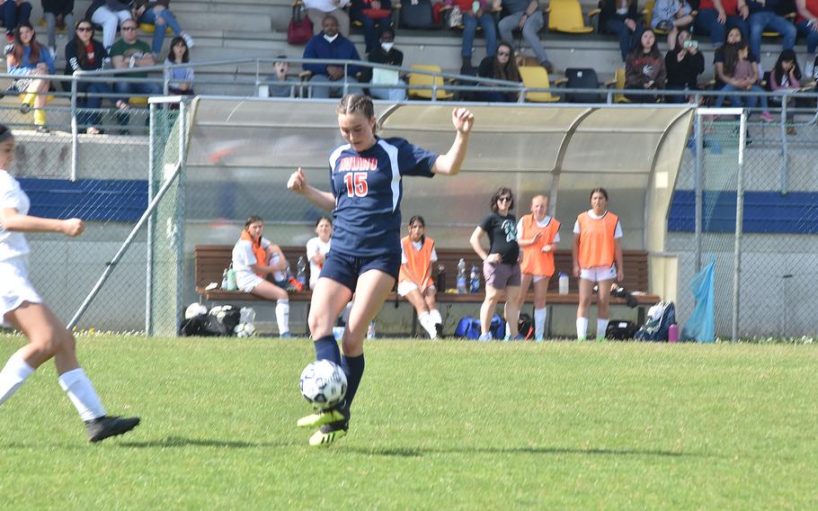 Aviano’s Kylee Carroll, who scored two goals, stops the ball in the Saints’ 5-3 loss to the Naples Wildcats on Saturday, April 16, 2022 in Aviano, Italy.