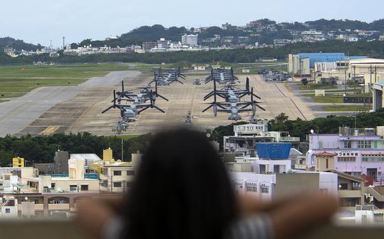 MV-22 Ospreys park at Marine Corps Air Station Futenma, Okinawa, April 19, 2019.