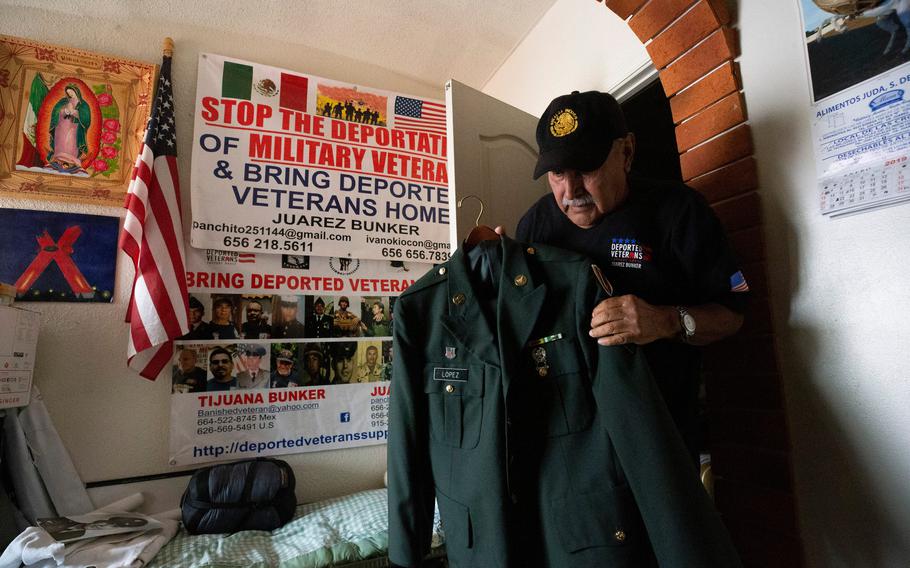 Francisco Lopez was drafted at a teenager to go fight in the Vietnam war in 1967. He became a drug addict upon returning to the U.S. and was prosecuted for drug possession and consequently deported to Mexico. He remains hopeful that one day he can return to what was his home for most of his adult life in the U.S. In this photo, Lopez shows his military uniform.