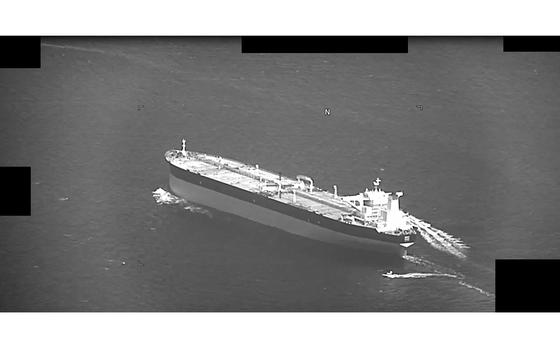 A screenshot of a video shows fast-attack craft from Iran’s Islamic Revolutionary Guard Corps Navy approaching Panama-flagged oil tanker Niovi as it transits the Strait of Hormuz, May 3, 2023.