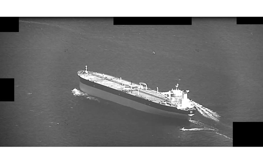 A screenshot of a video shows fast-attack craft from Iran’s Islamic Revolutionary Guard Corps navy approaching the Panama-flagged oil tanker Niovi as it transits the Strait of Hormuz on May 3, 2023.