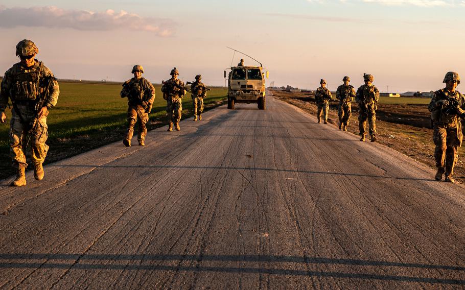 Soldiers of the 37th Infantry Brigade Combat Team patrol in Syria, Feb. 3, 2023. Lt. Gen. Alexus Grynkewich, Air Forces Central commander, said on March 7 that there has been an uptick recently in Russian air activity above U.S. positions in Syria. 