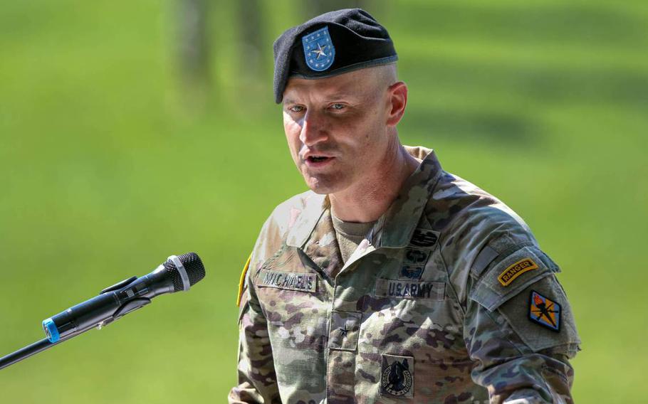Brig. Gen. Patrick R. Michaelis addresses the audience after becoming the commanding general at Fort Jackson, during a change of command ceremony on June, 18, 2021.