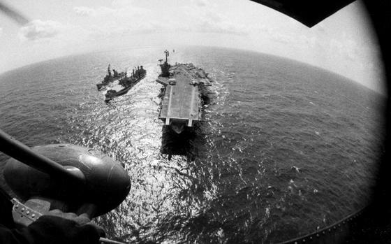 Mediterranean Sea, April 16, 1970:  A fisheye lens provides a panoramic view of the USS Forrestal, its escorts and the Mediterranean below them in a photo shot from a helicopter.

Looking for Stars and Stripes’ historic coverage? Subscribe to Stars and Stripes’ historic newspaper archive! We have digitized our 1948-1999 European and Pacific editions, as well as several of our WWII editions and made them available online through https://starsandstripes.newspaperarchive.com/

META DATA: Europe; mediterranean sea; U.S. Navy; USS Forrestal; 