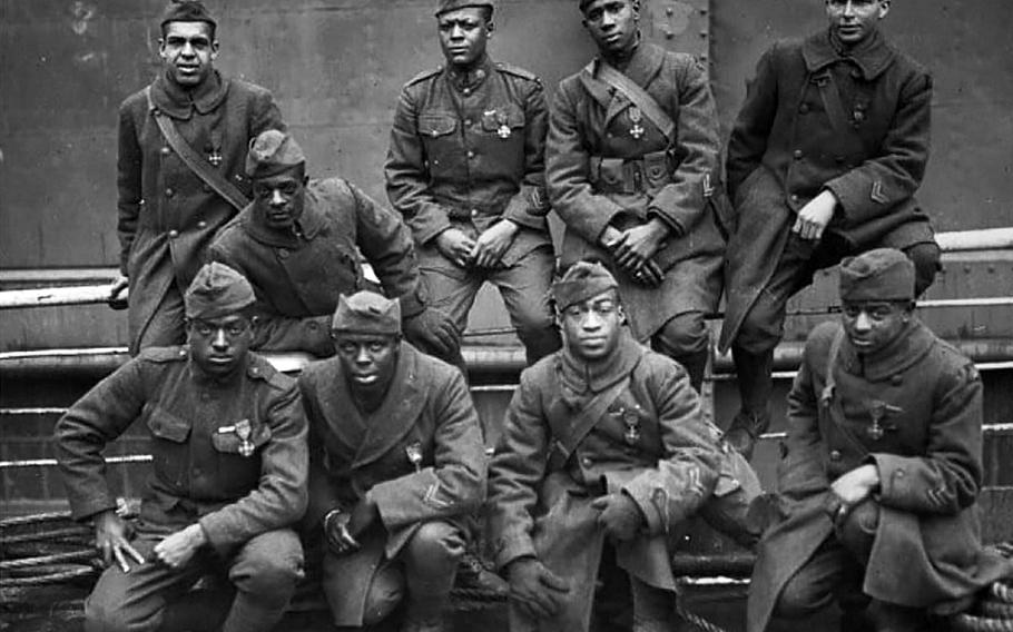 Nine soldiers of the 369th Infantry Regiment, known as the Harlem Hellfighters, were photographed upon their return from World War I.  More than 100 years after earning that nickname, the Army in Sept. 2020 recognized the right of 369th Sustainment Brigade soldiers to call themselves Hellfighters.

National Archives and Records Administration